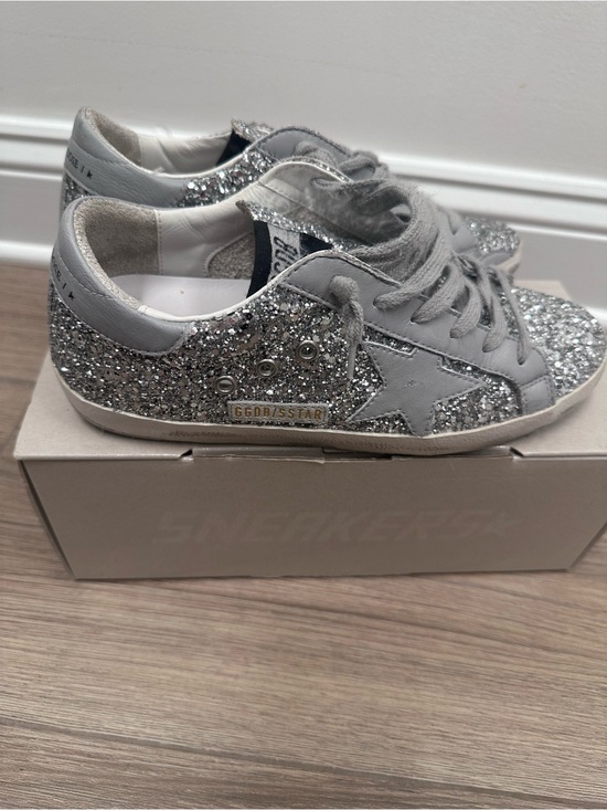 Golden Goose Shoes - Golden Goose Silver Glitter Superstar Sneakers with Gray Suede Star